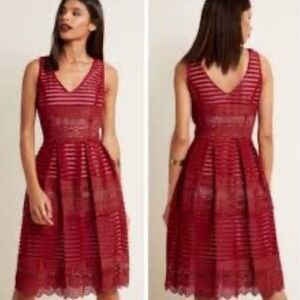 ModCloth‎ Women's Ruby Red Crochet Lace Stripe Overlay Fit & Flare Dress S $139